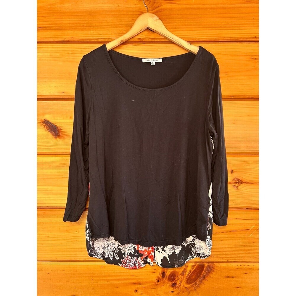 Rose + Olive 2 Tone Back Buttons Floral Colorful Long Sleeve Blouse Top M